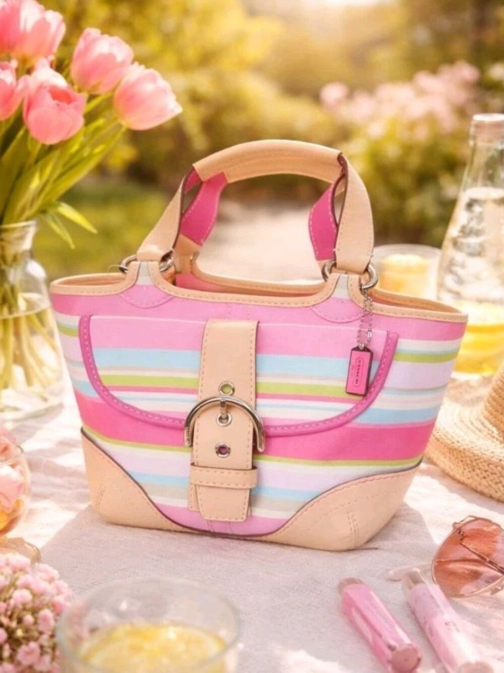 Coach Hampton Soho Stripe Tote 1888 Pink Multi Vachetta Leather Satchel Bag - Picture 2 of 16